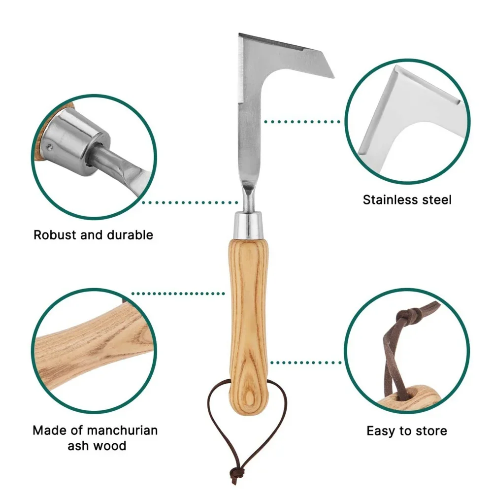 Wooden Handle Stainless Steel Manual Lawn Mower L-shaped Weeding Sickle for Garden Tool Lawn Patio Crevice Weeding Tool 3