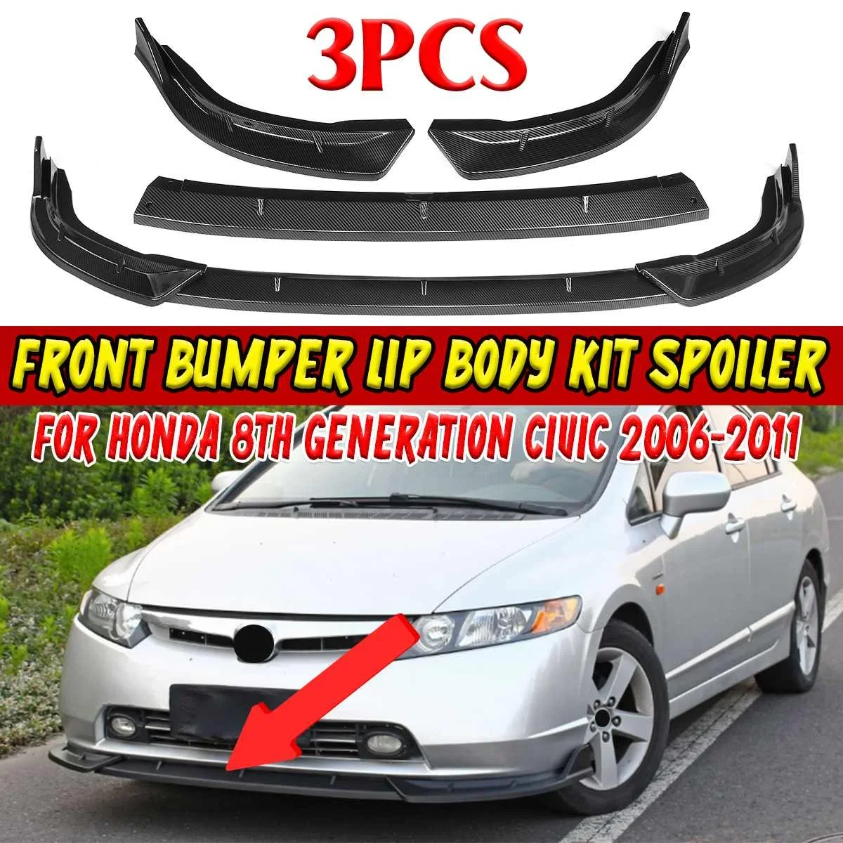 

High Quality Car Front Bumper Lip Chin Bumper Body Kits Splitter Cover Trim For Honda For Civic 8th Generation 2006-2011