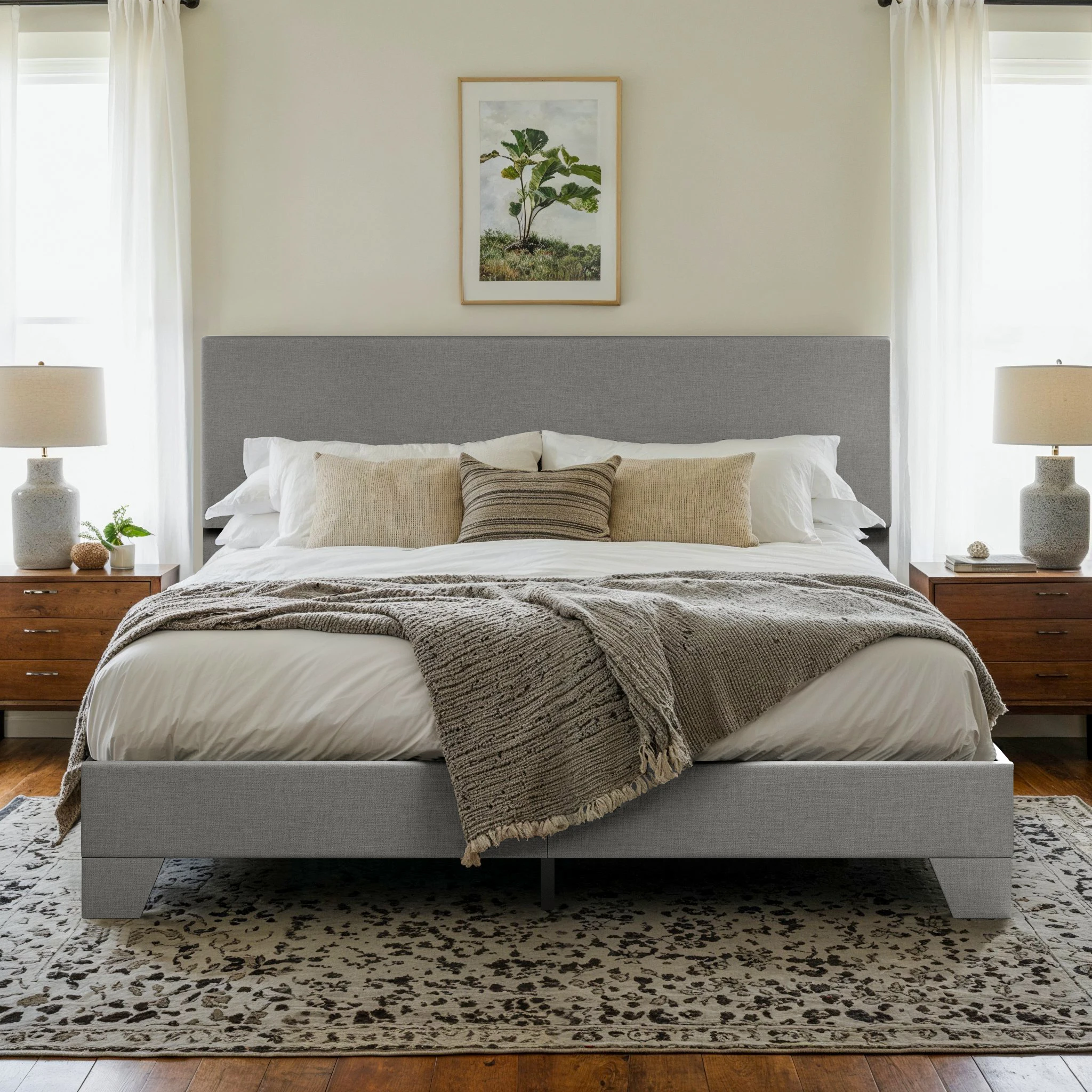 HOOMIC Upholstered Bed Frame with Adjustable Headboard, Soft Linen Fabric, Stron