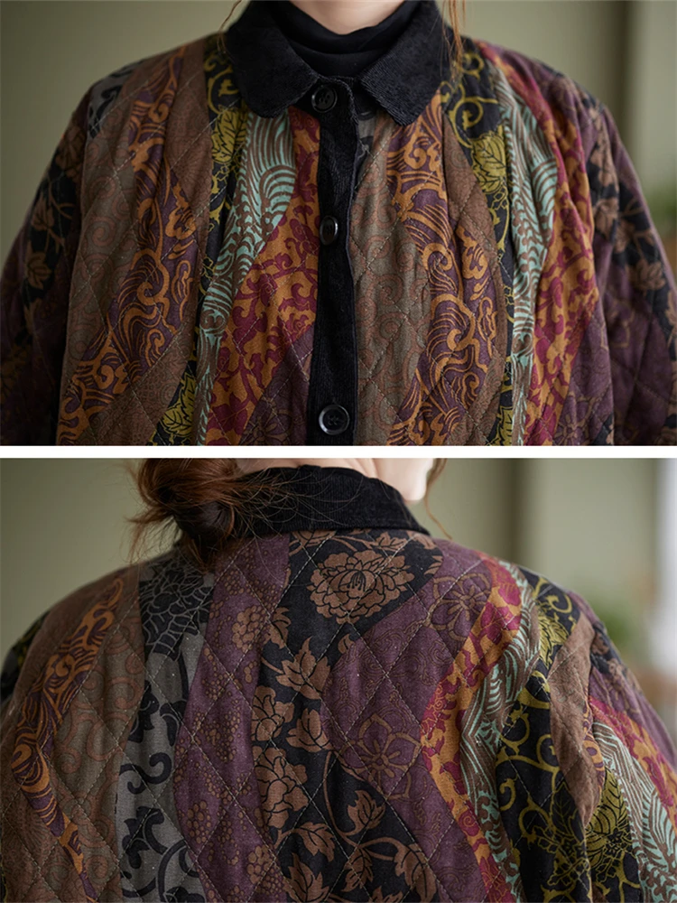 Winter Cotton Coat Ethnic Style Long Sleeved Single Breasted Women Patchwork Casual Loose Medium Length Wide-waisted Outerwear