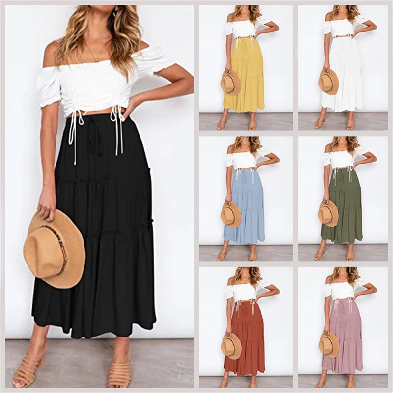 

2022 Bohemian Long Skirt Women Casual Fashion Maxi Pleated Skirts for Women Summer High Elastic Elegant Casual Female Skirts