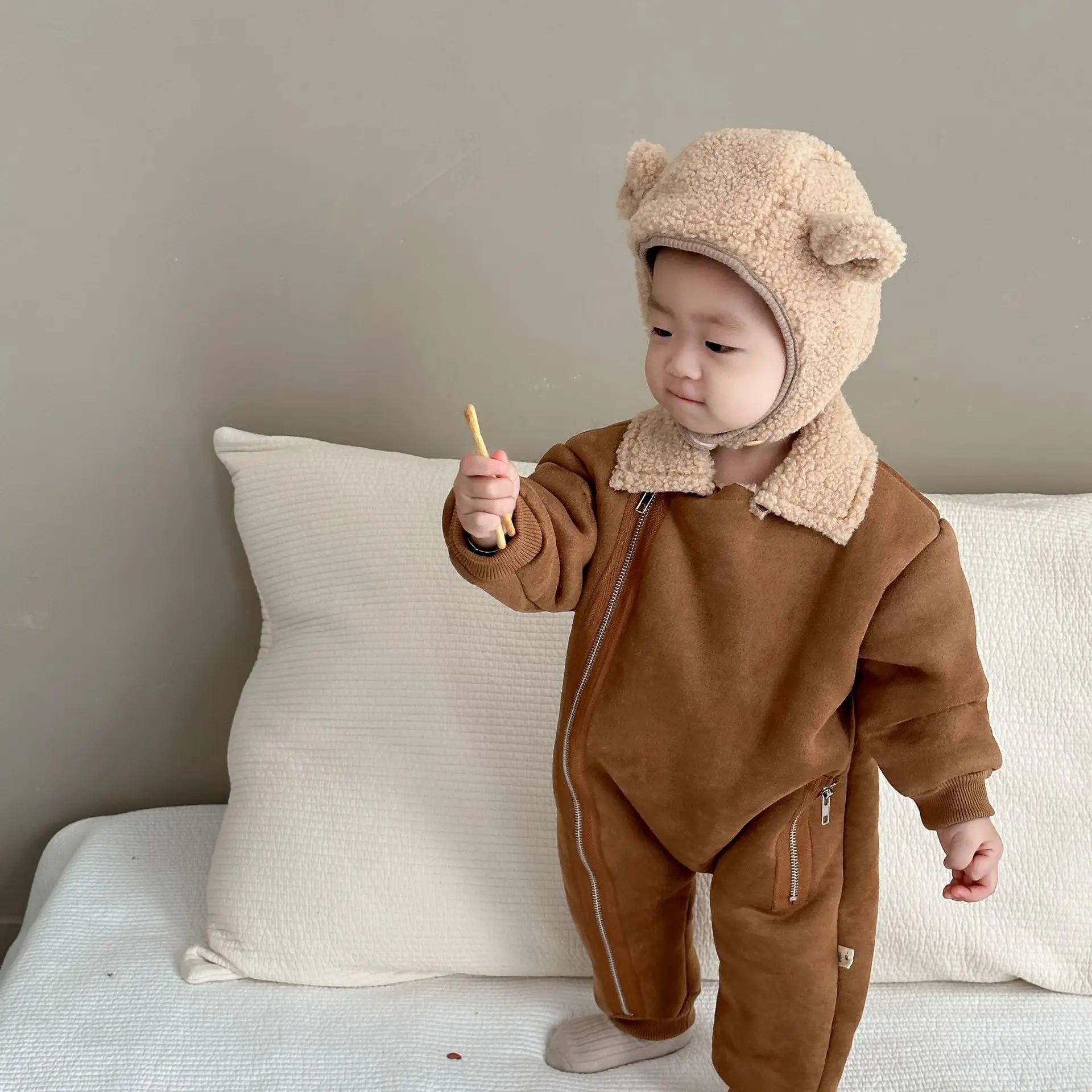 Baby Fur Lined Rompers Jumpsuits Warm Winter Outfit