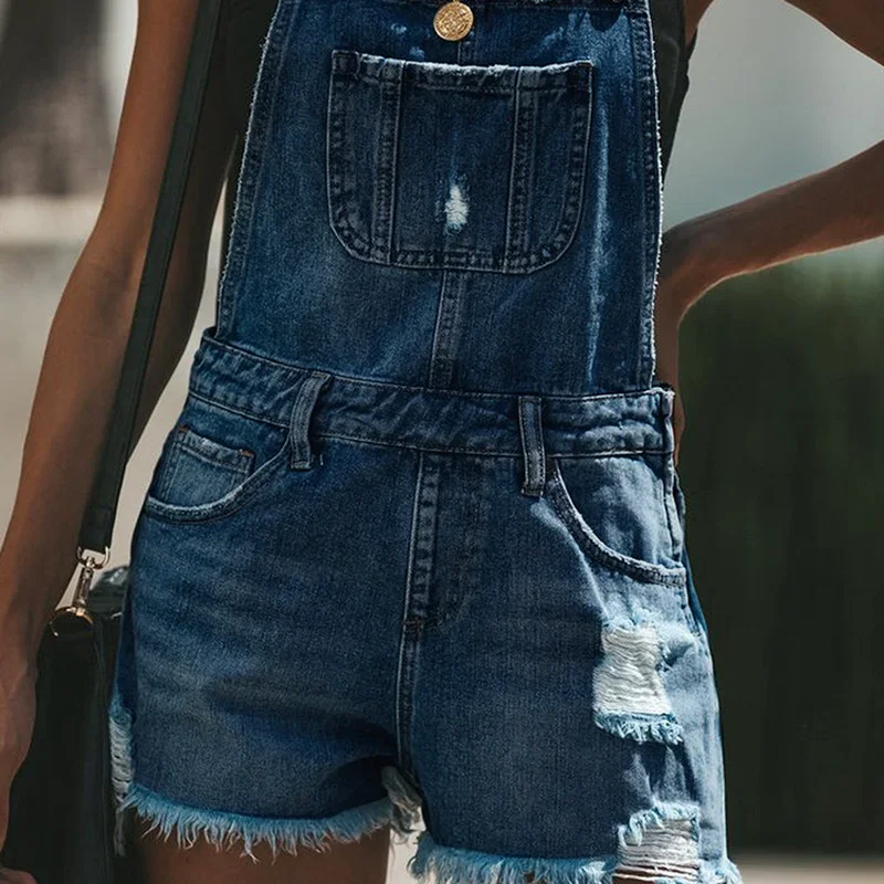 Denim Overalls Women's Ripped Short Short Jumpsuit High Waist Casual Jeans Jumpsuit 2024 Summer Washed Denim Jumpsuit Overalls