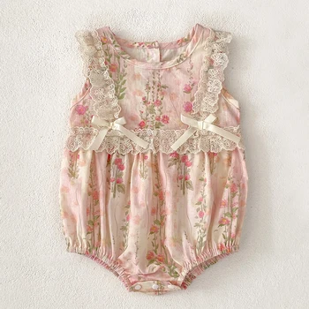 New Baby Girl Bodysuit Floral Baby Clothes Lace Summer New Female Baby Small Pink Flower bow Romper Newborn One-piece Jumpsuit 1