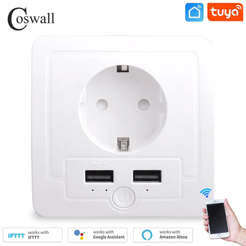 Coswall Zig Wifi 3.0 Tuya Wall Eu Socket 2Usb Porta Di Ricarica Interruttore Timer Di Controllo Indipendente Programmabile Con Alexa Google Home