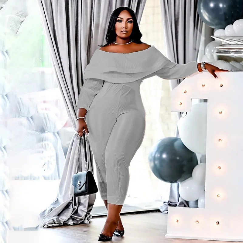 Plus Size Women Jumpsuits Off Shoulder Ribbed One Piece Outfit Female Fashion Elegant Jumpsuit Lady Club Pencil Pants Wholesale