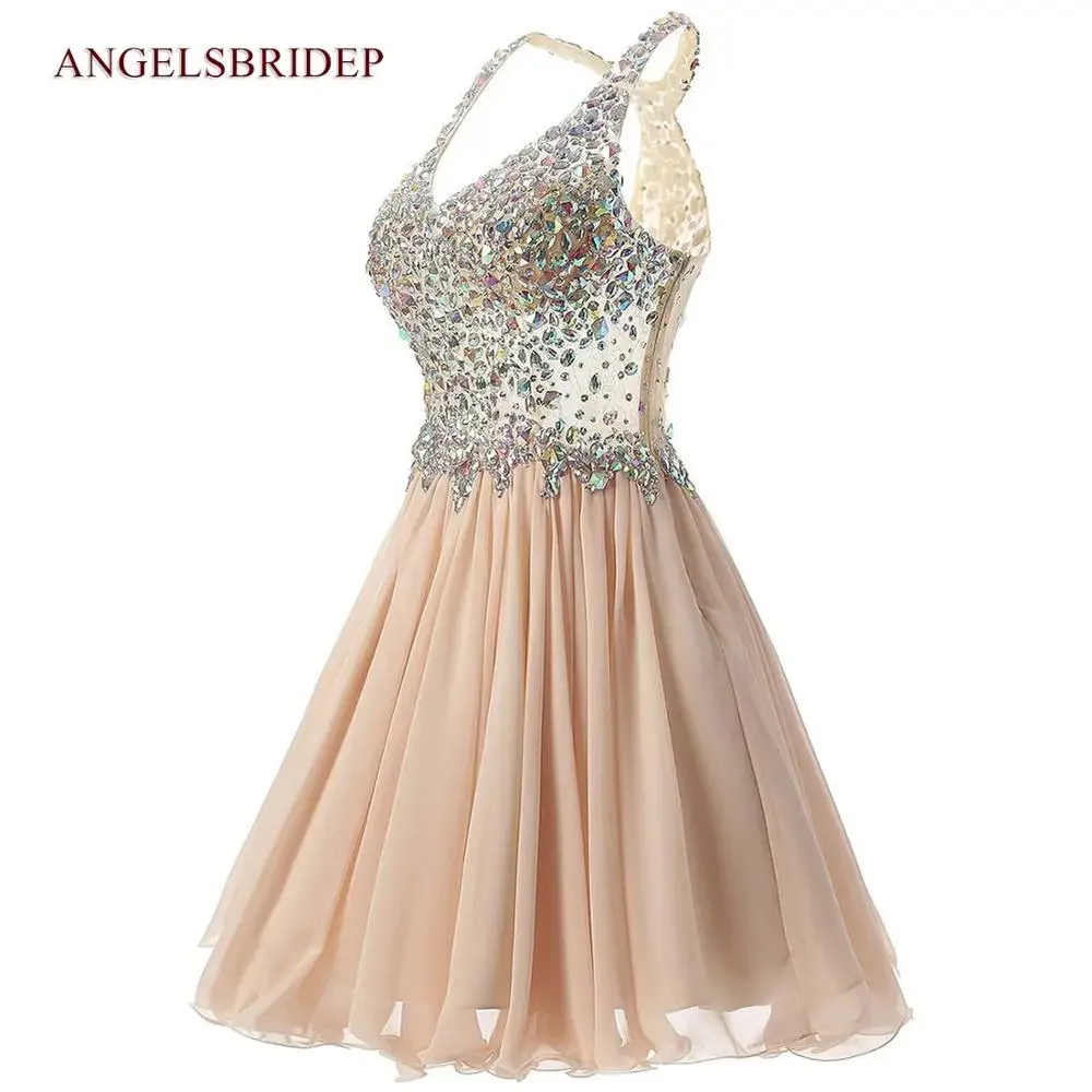 Vintage V-Neck Mini Homecoming Dresses Abendkleid Formal Chiffon Sparking Crystal Special Occasion Graduation Dresses Party Gown