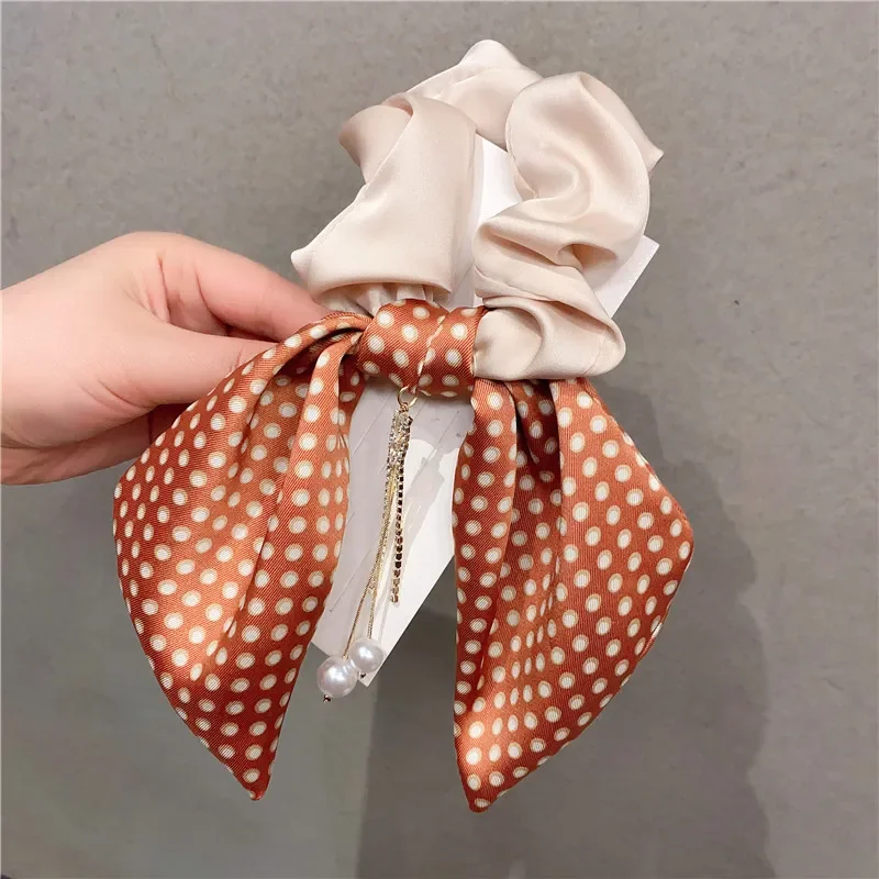 

Women Dot Ribbon Hair Scrunchies Pearl Elastic Hair Band Fabric Large Bow Hairbands Bowknot Korean Girls Hair Accessories Gifts