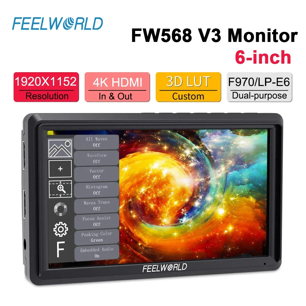 FEELWORLD FW568 V3 on DSLR Camera Field Monitor PS Full HD 1920x1080 4K 6 inch LCD Camera Monitor with Tilt Arm
