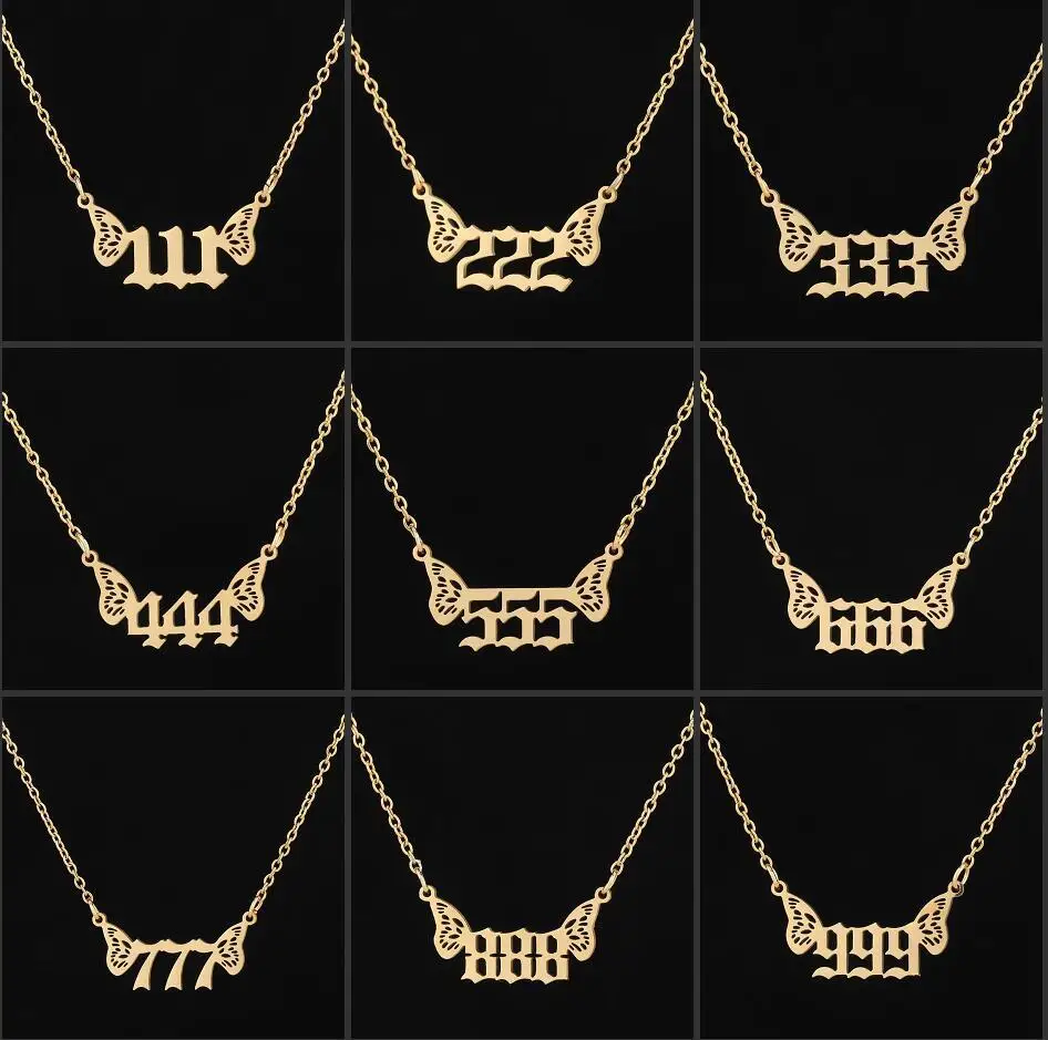 

10PCS Angel Wing Arabic Number Necklace Stainless Steel Minimal 000 111 222 333 444 555 666 777 888 999 Lucky Butterfly Collar