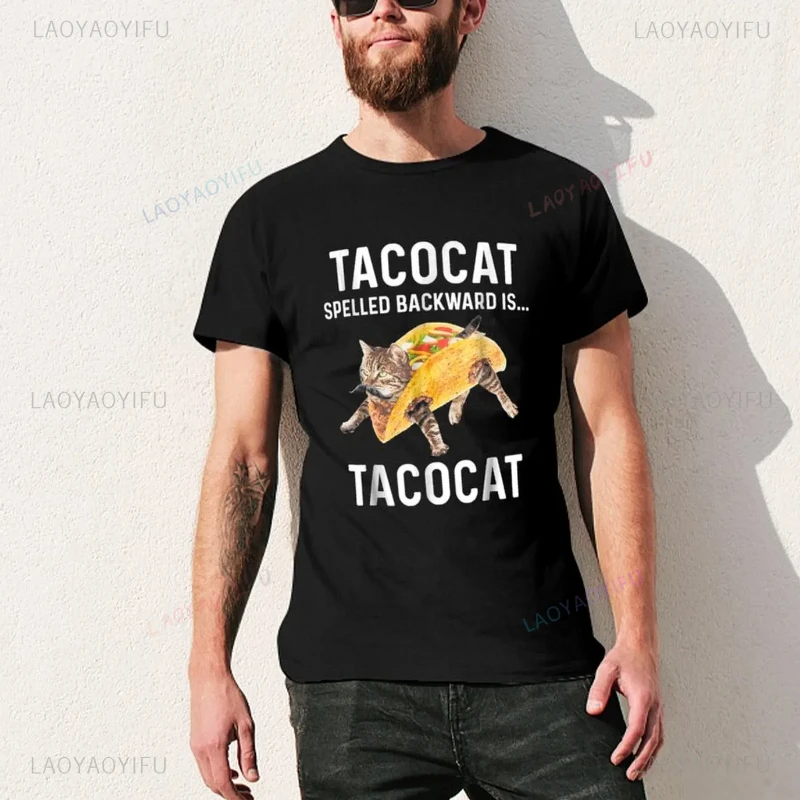 

Мексиканская надпись Tacocat, забавная Подарочная футболка с принтом с надписями на обратной стороне, надпись «Кот и любимый», летний топ, мужские высокие Хлопковые футболки