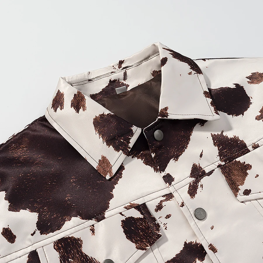 2025 Autumn Women's Fashion Printed Lapel Jacket Coat Casual Long Sleeve Pockets Jackets High Street Commuter Short Outerwear