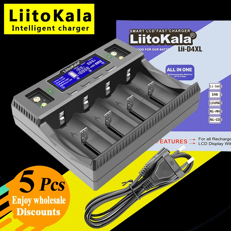 

5PCS LiitoKala Lii-D4XL For 32700 18650 26650 21700 14500 16340 26700 3.7v/3.2V/1.2V Ni-MH/Cd,AA AAA SC D C battery charger