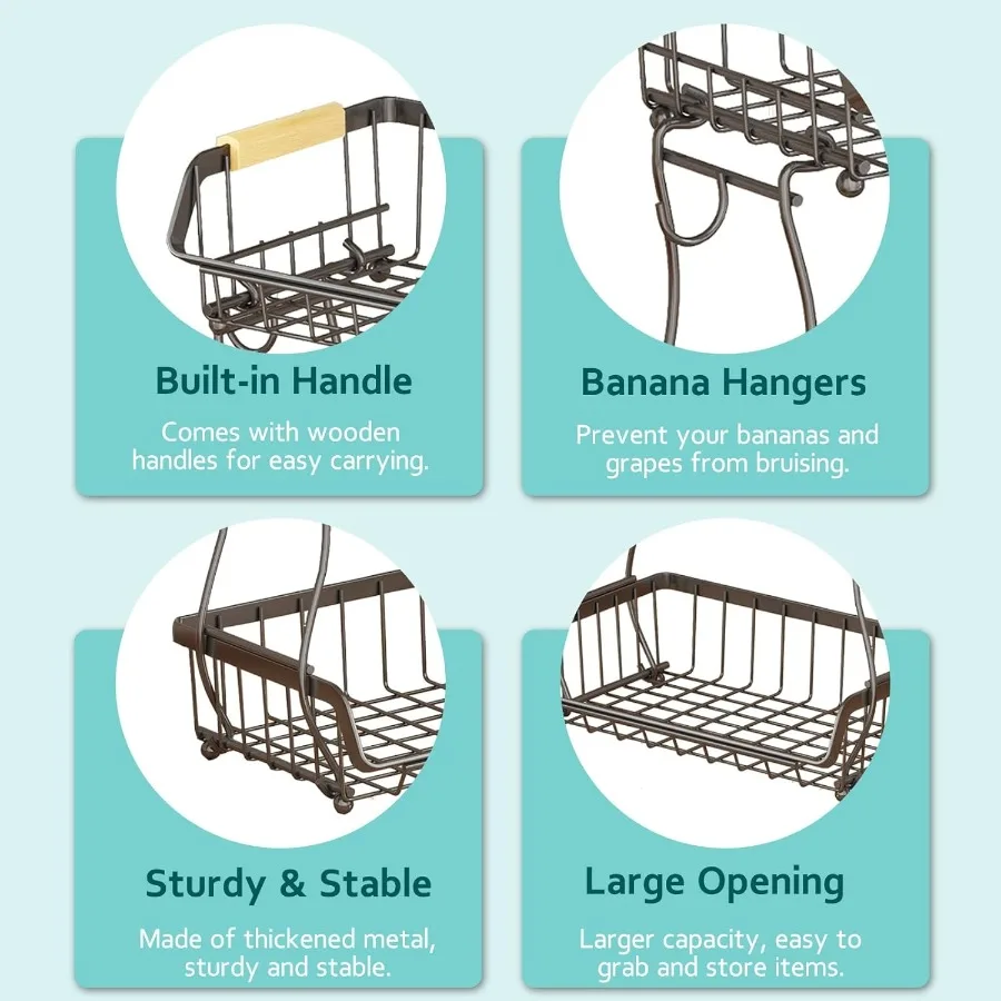 2 Tier Fruit Basket with 2 Banana Hangers Detachable Countertop Fruit Bowls for Kitchen Counter Metal Wire Fruit Vegetable Stor