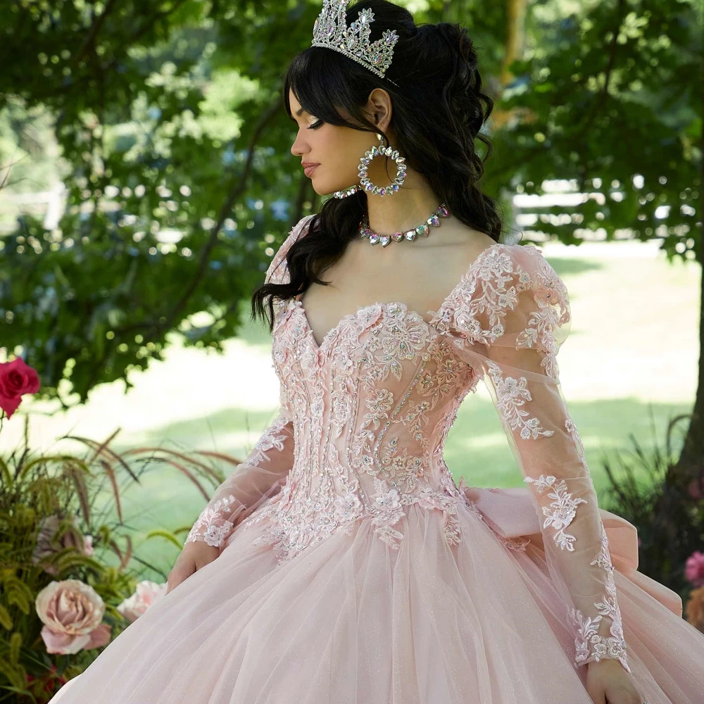 Afneembare Pofmouw Quinceanrra Prom Jurken Exquise Appliques Prinses Lange Sprankelende Pailletten Kralen Sweet 16 Jurk Vesti