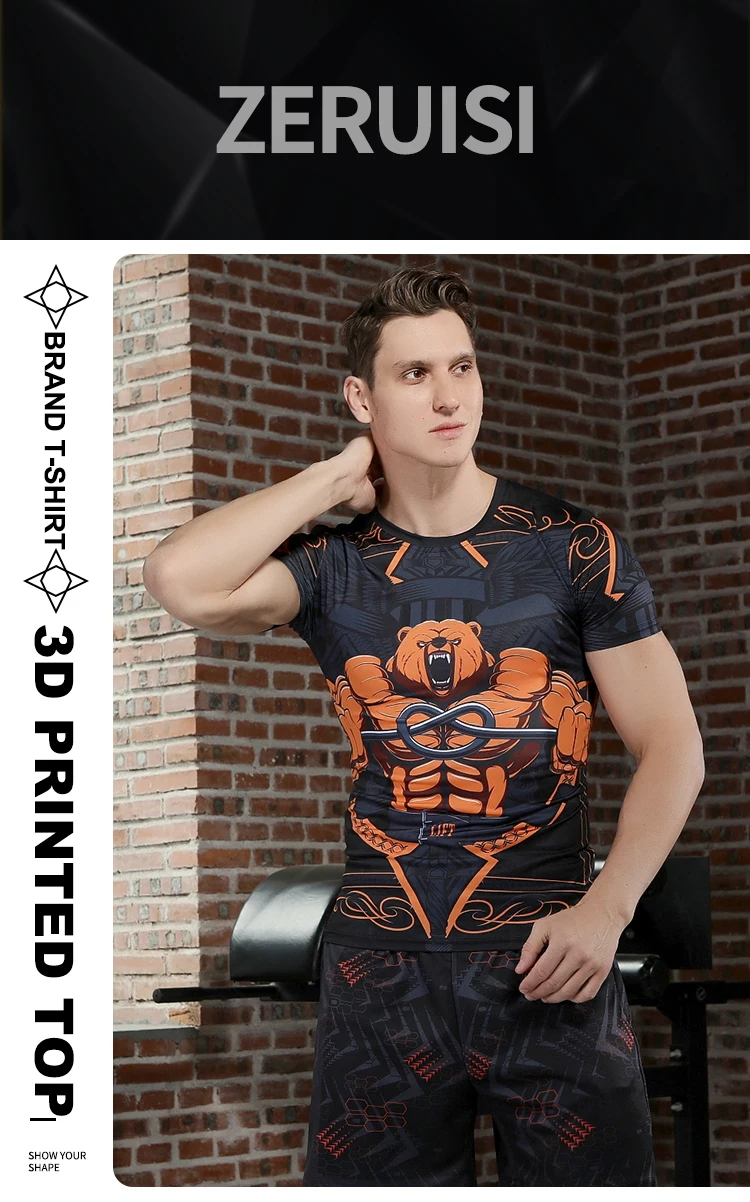 Stilvolles grafisches Kompressions-T-Shirt. Trendiges 3D-Druckdesign, schnell trocknend für intensives Training – Detail 1