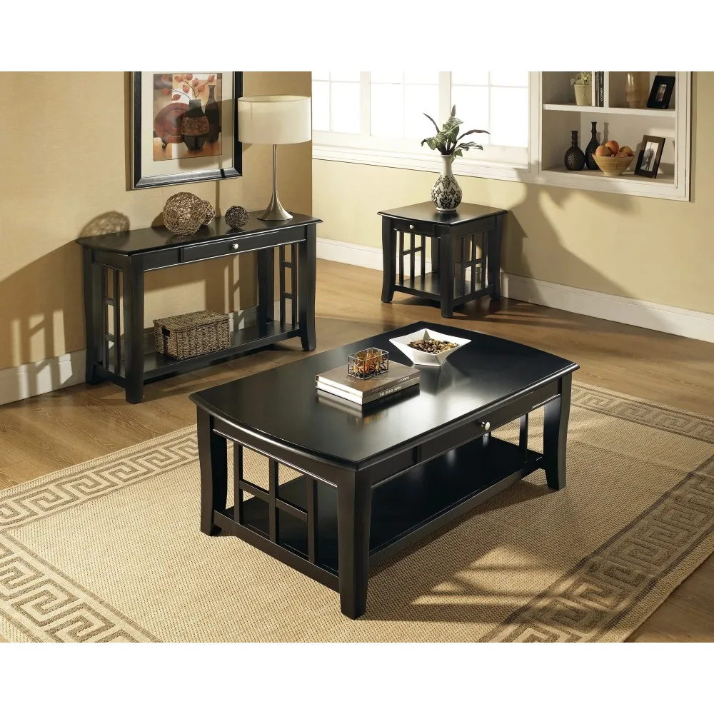 Cassidy Indoor Traditional with Storage and Shelf Rectangle Coffee Table, Black 6