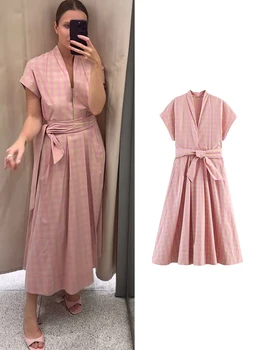 TFMLN New Summer Women's Midi Dress Chic Plaid Fashionable V-neck Commuter Clothes With Belt Elegant Office Lady Dresses