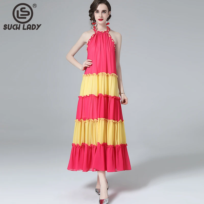 

Women's Runway Dress Sexy Halter Sleeveless Tiered Ruffles Color Block Fashion Casual Mid Dresses Summer Holiday Vestidos