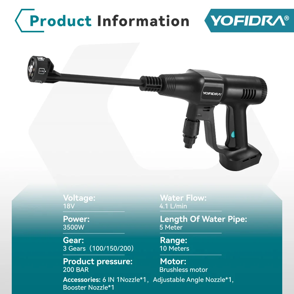 Yofidra 200Bar Brushless High Pressure Car Washer Water Gun 6 IN 1 Cleaning Garden Washing Wash Spray Gun for Makita 18V Battery 5