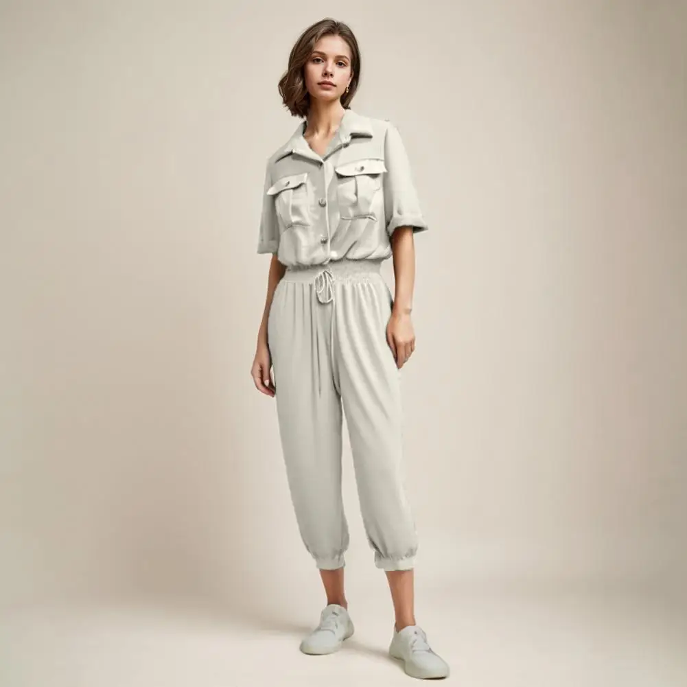 Solid Color Jumpsuit Stylish Women's Cargo Style Jumpsuit with Drawstring Waist Chest Pockets for Spring Summer Commute