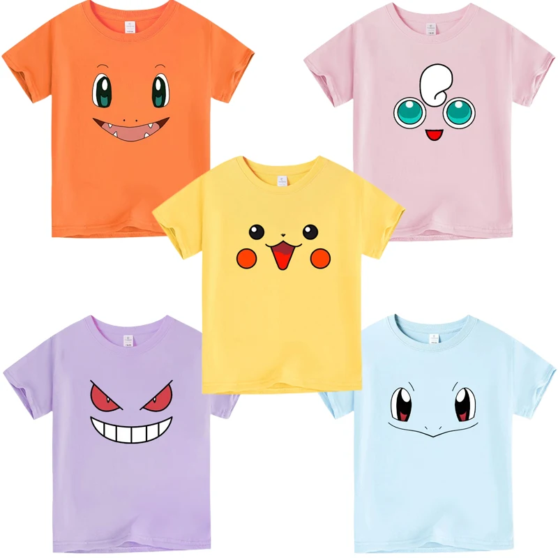 

Pokemon Jigglypuff Pikachu Charmander Gengar Squirtle Bulbasaur Cartoon Cute Children Short Sleeve Summer Boys Clothing T-shirt