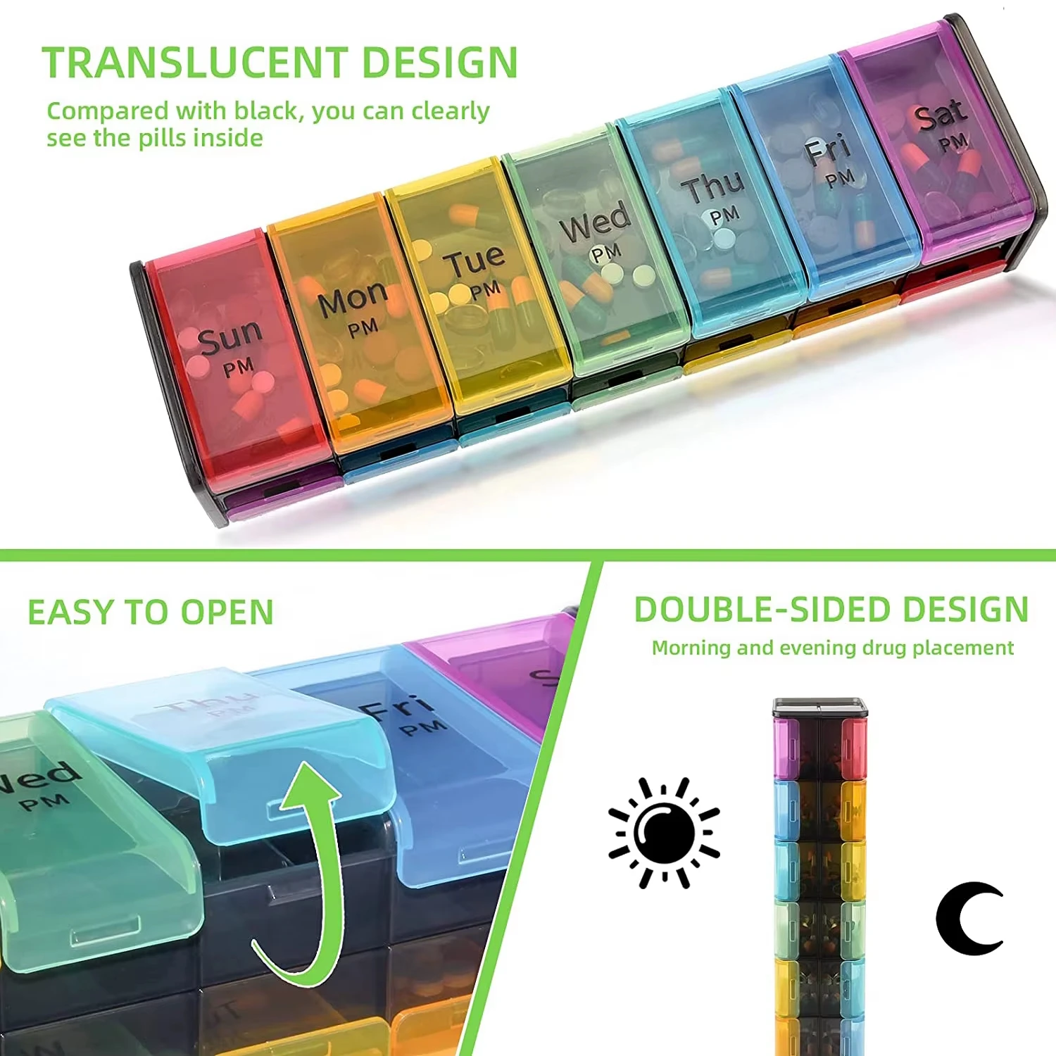 Extra Large Double-Sided Pill Organizer Extra Large Compartments Pill Case 7 Days Pill Dispensers BPA Free Travel-Friendly