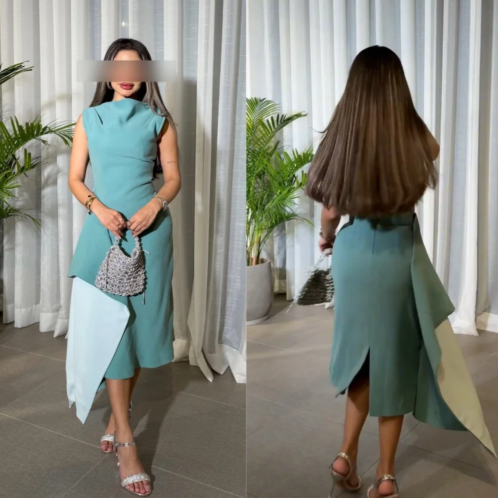 Jiayigong  Jersey Draped Pleat Ruched Celebrity A-line High Collar Bespoke Occasion Gown Knee Length Dresses