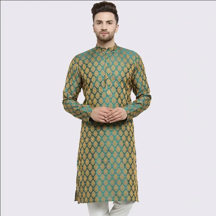 Green Shirt Kurta Indian Men's Clothing Traditional South Asian Ethnic Style Long Tops