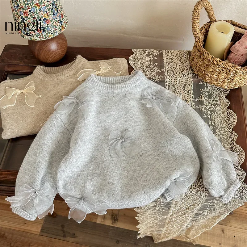 Winter Sweater 4864-1 Children's Clothes Girl Sweater Autumn Winter Korean Fashion Girl's Knitted Sweater Bow Tops Toddler Sweatshirt