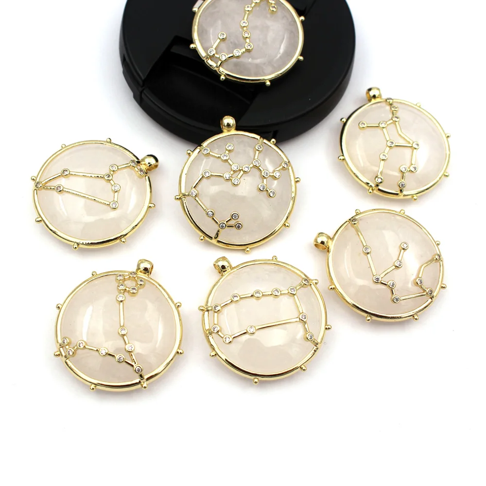 

3pcs Designer Collection Natural White Quartz Stone Zodiac Twelve Constellations CZ Paved Pendant Charms Circle Gold Plated