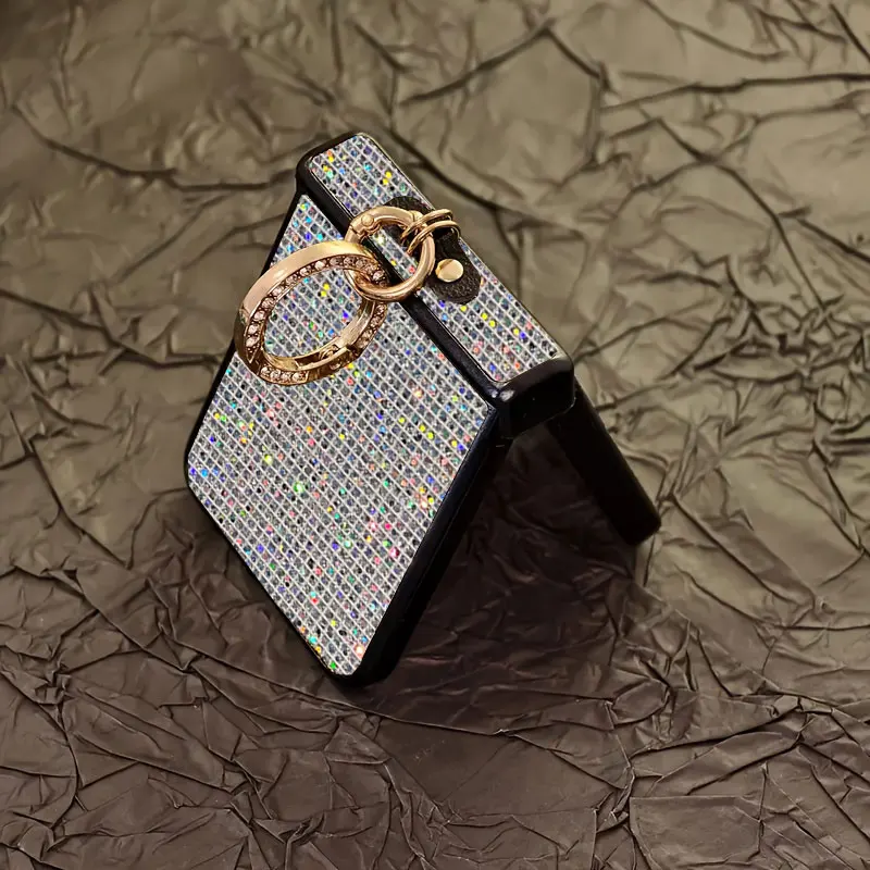 Sparkling Grid Pattern Phone Case with Fashion Faux Diamond Ring Buckle - Hard Shell Design