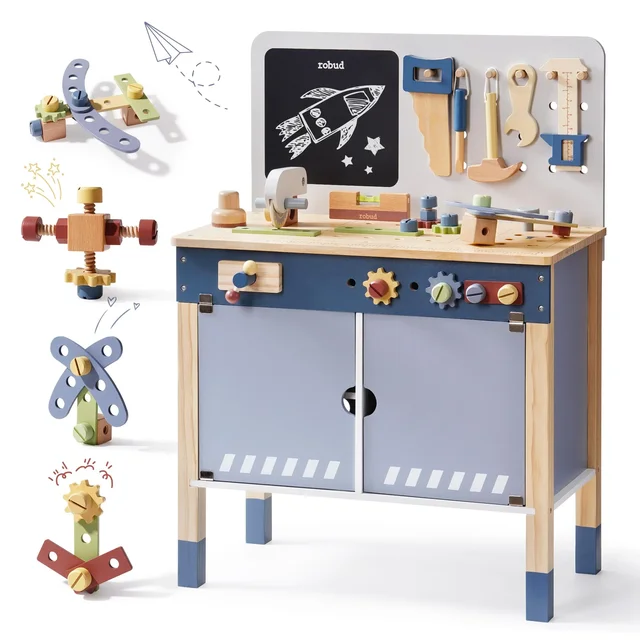 Robotime Robud Wooden Toy Workbench Large Kid's Wooden Play Tool  Pretend Play Creative Building Set Gift for Girls & Boys 3+