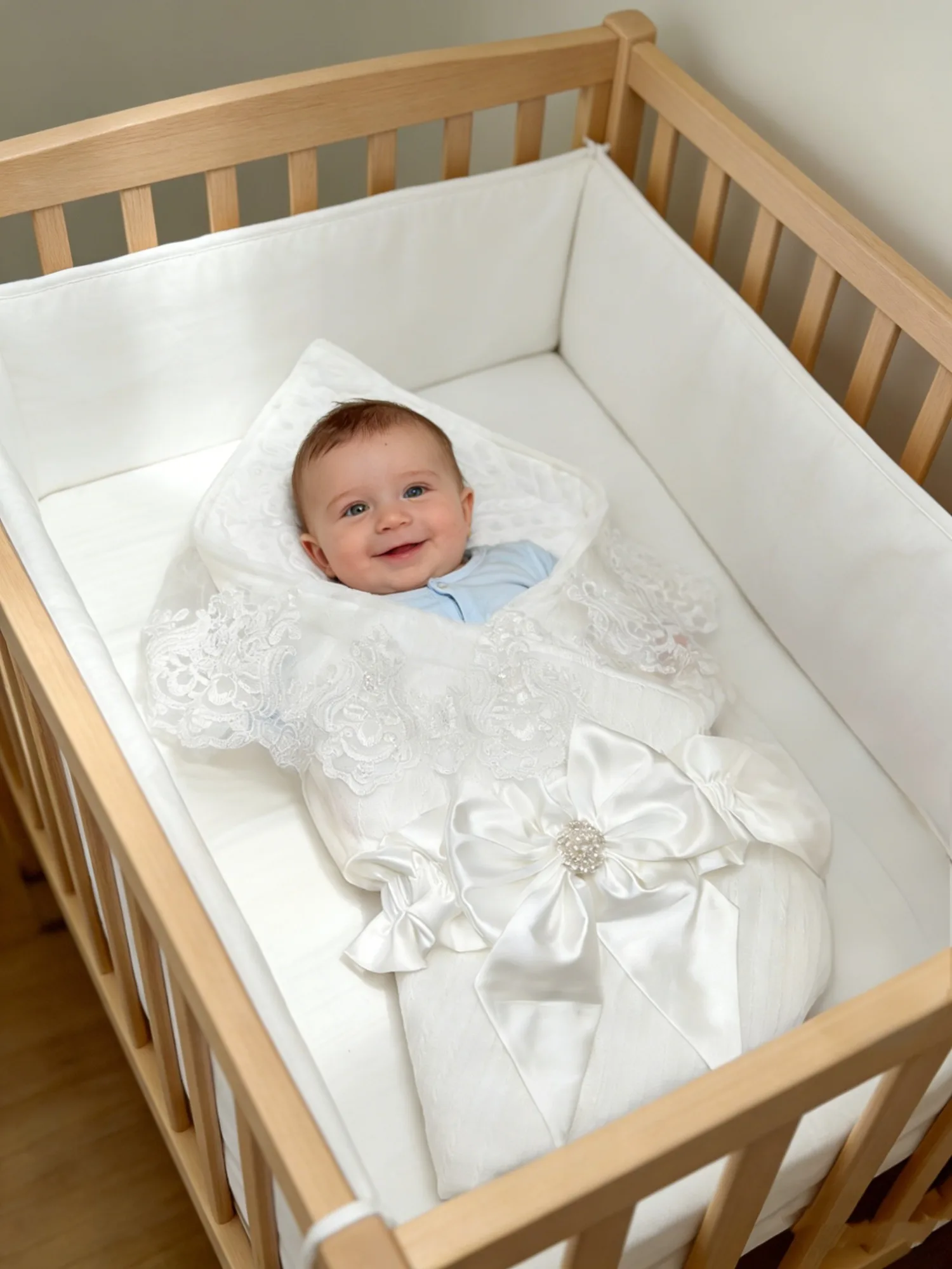  화이트 레이스 스와들 블랭킷 -  사진 촬영 및 세례를 위한 새틴 리본 진주 장식