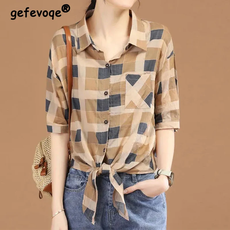 Office Lady Casual Plaid Printing Drawstring Button Shirt Summer 2023 Commute Polo-Neck Short Sleeve Loose Tops Women's Clothing