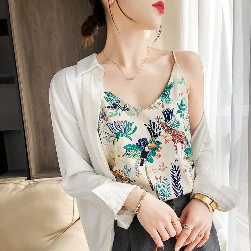 2023 New Leaf Silk Camisole Female Trend Large Size V-neck Vest Underneath  Small Floral Blouse Women Summer Top