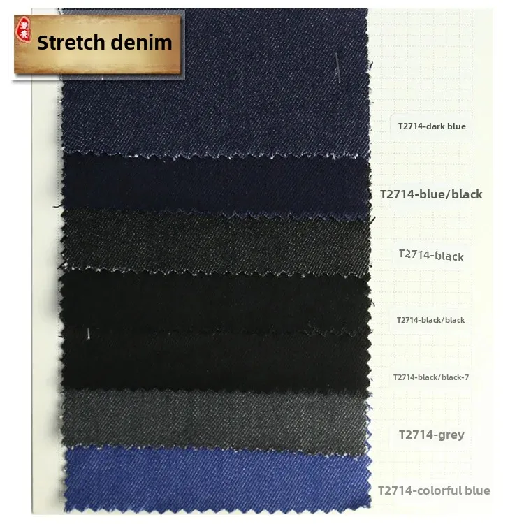 Medium Stretch Wide Width Denim Fabric 330g Right Slant Pattern Black Base Black Surface Elastic Jeans Material T2714