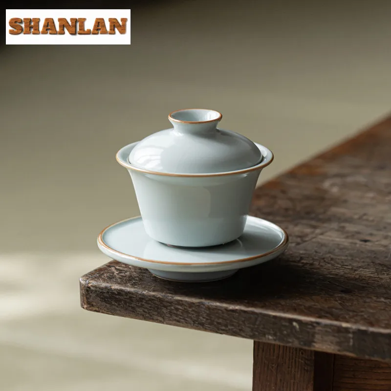 80ML High End Azure Ru Kiln Ceramic Gaiwan Elegant Three Talent Hand Grip Tea Tureen Tea Maker Cover Bowl For Ornaments Gift