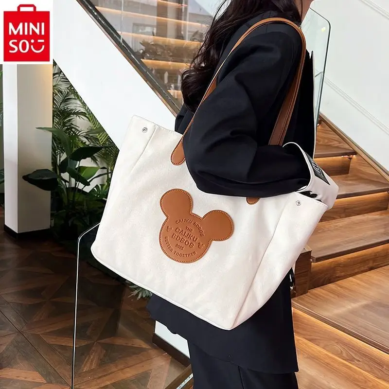 MINISO Disney Mickey Fashion High Quality Canvas Cushioned Handbag for Women's Casual Large Capacity Storage Tote Shoulder Bag
