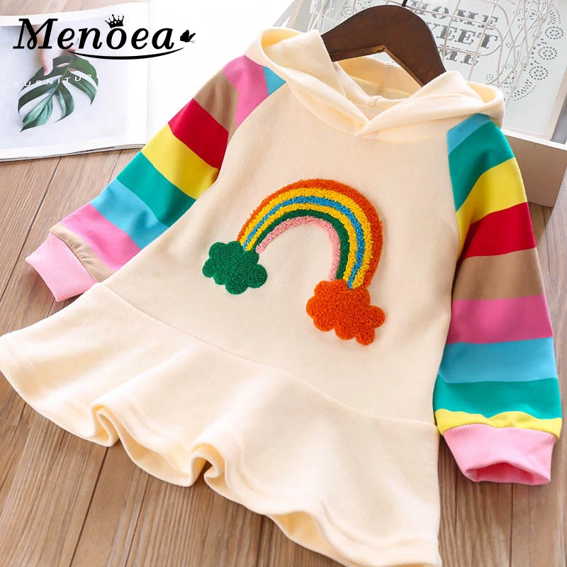 Menoea Girls Princess Dress Autumn New Spring Party Sweet Hooded Children Clothing Cute Rainbow Colorful Kids Girl Dresses | Детская
