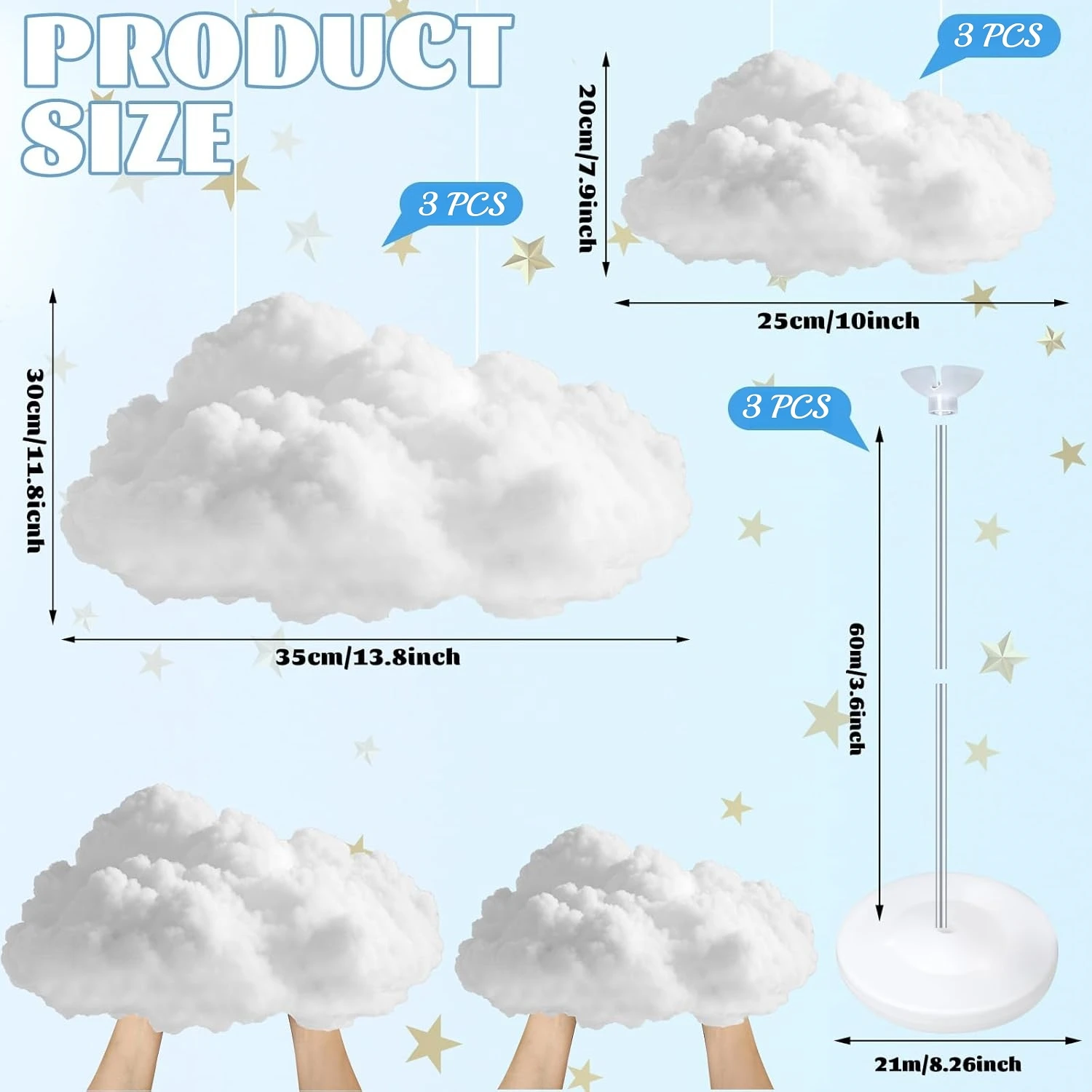 סט 3/4/6 ענן מלאכותי 3D עם תאורת LED לקישוט שולחן מרכזי תלוי ענן ליום ההולדת ערכת DIY למסיבת תינוקות