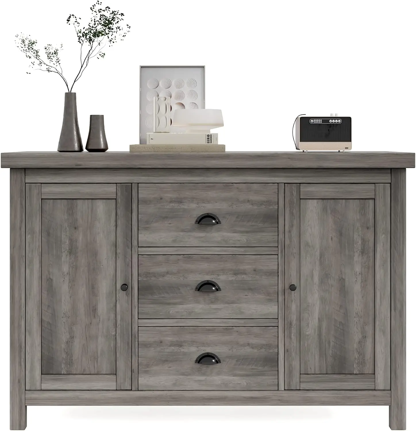 

Kitchen Sideboard Cabinet Buffet with Heavy Duty Wooden Structure, 3 Drawers and 2 Doors with Ample Storage Space in Gray
