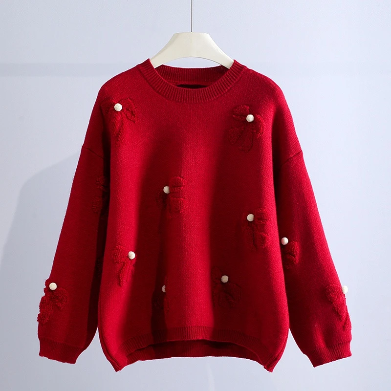 

Bow Beaded Red Knitted Women Sweater Pullovers Autumn Winter Solid Loose Casual Female Pulls Outwear Tops