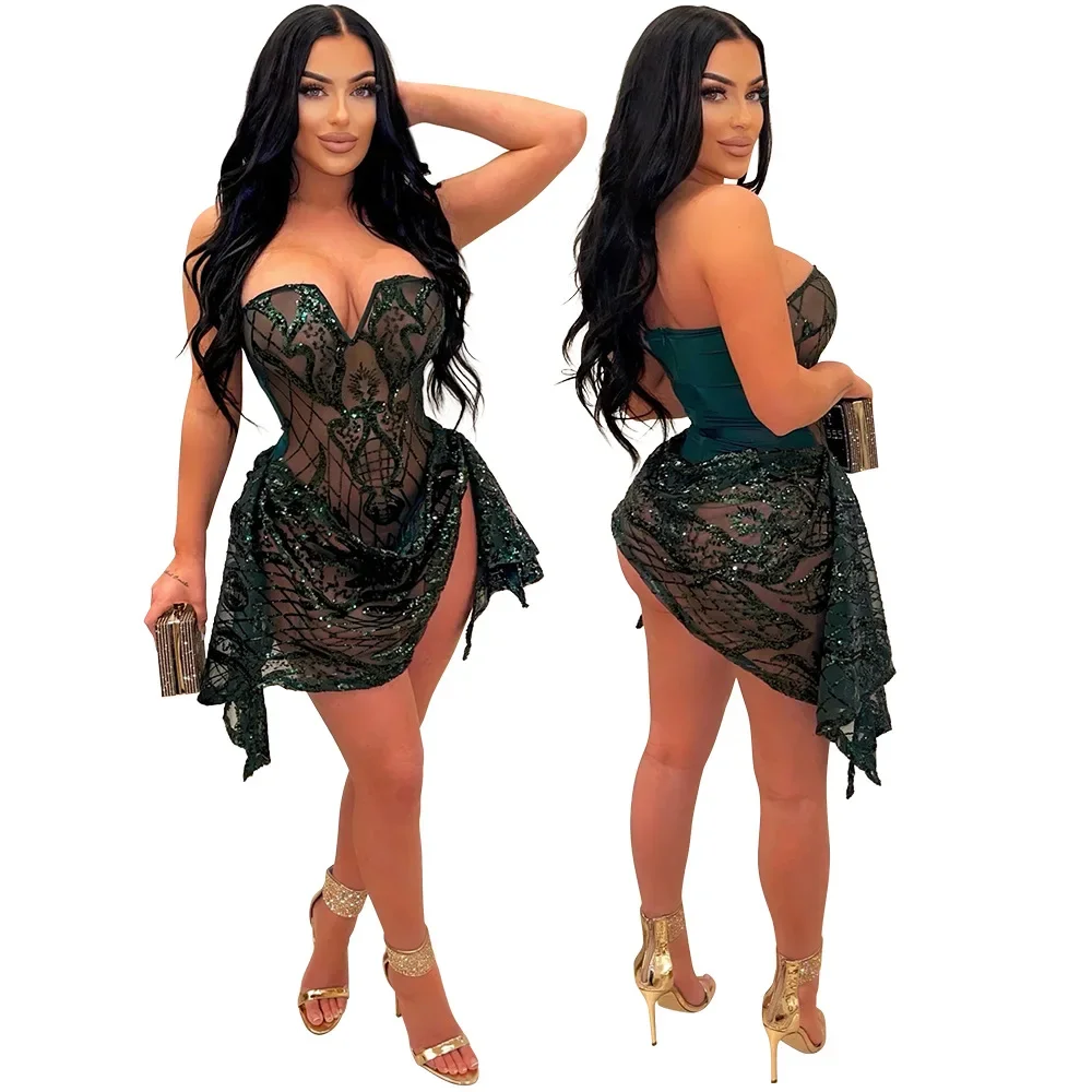 

Women Strapless V-neck Fashion Sequined Sexy Dress Mesh See Through 2024 Summer Night Club Evening Party Mini Dresses