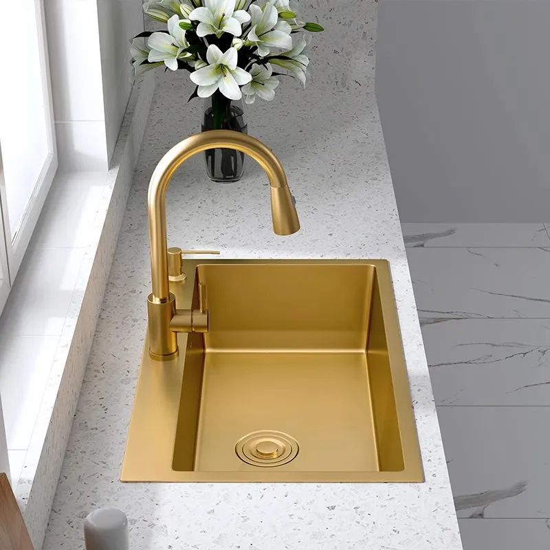 Gold Kitchen Sink Above Counter or Undermount Single Bowl 304 Stainless Steel Goldn Basket Drainer Soap Dispenser Washing Basin