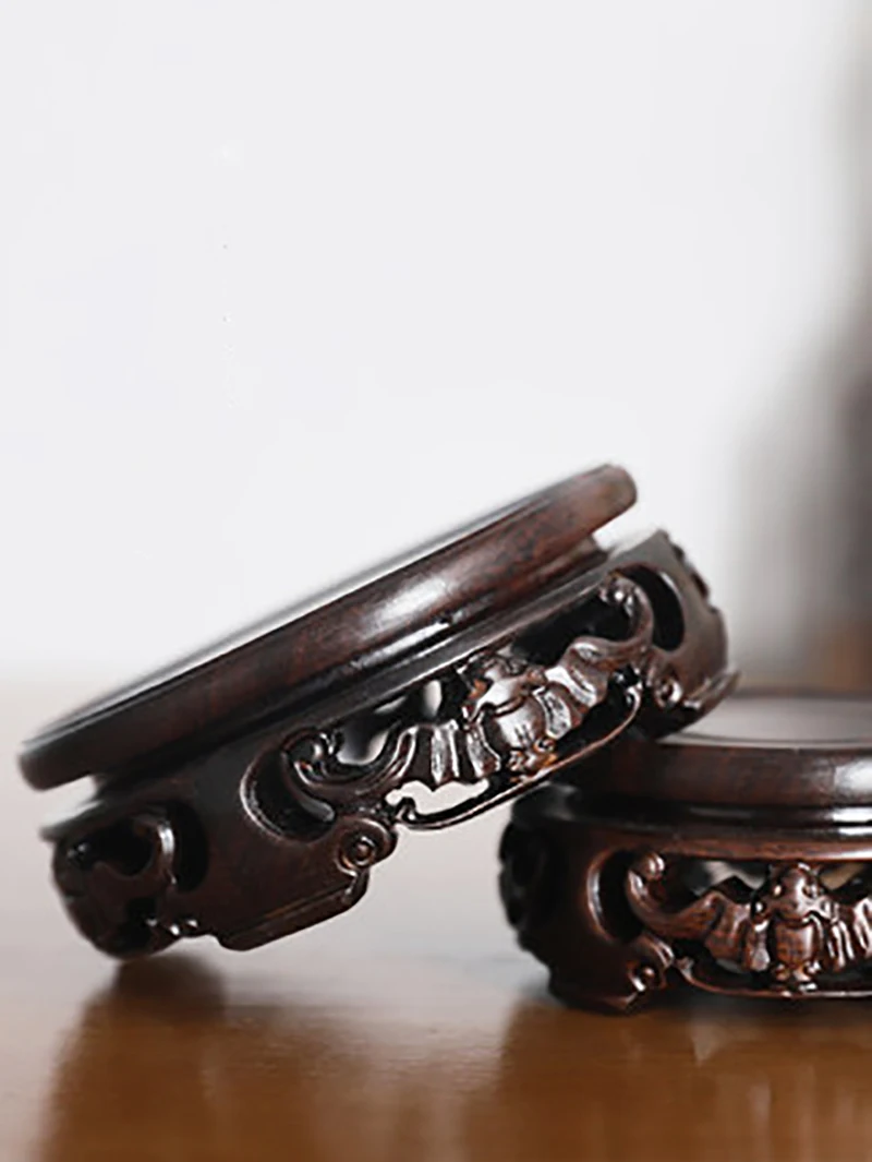 Ebony Carved Bat Pattern Base Craftwork Solid Wood Base Flower Vases Stone Jade Teapot Aquarium Base