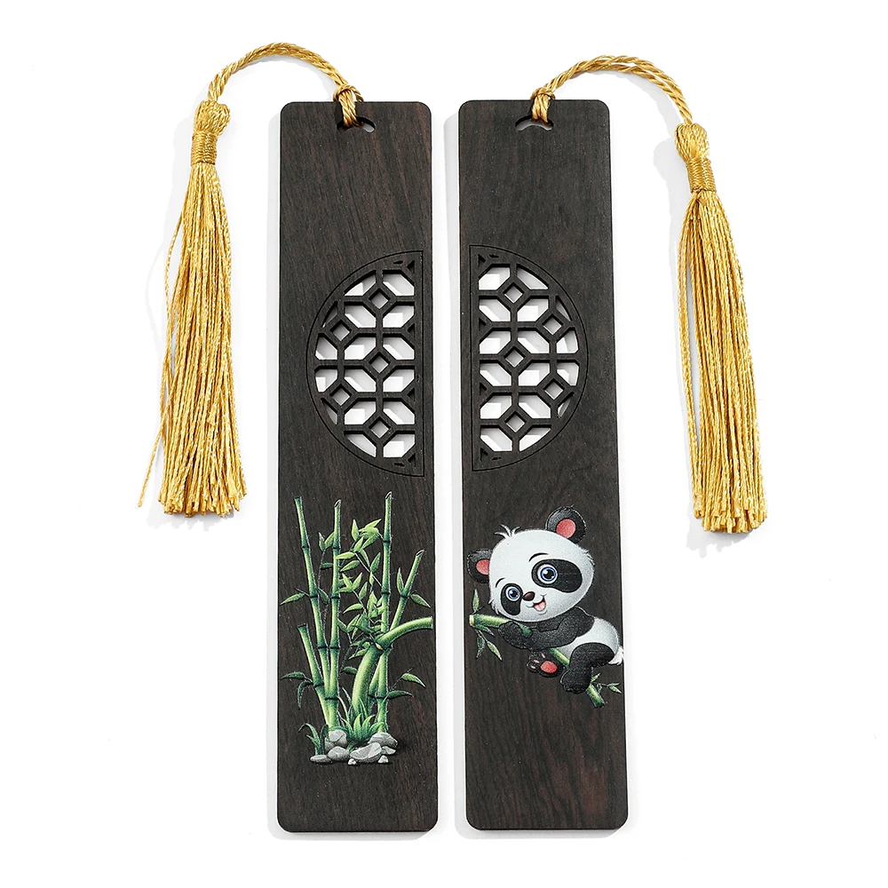 

2PCS Anime Panda Hollow Wooden Bookmark Black Tassels Vintage Learning Stationery Hollow Window China Style for Book Lover Gifts