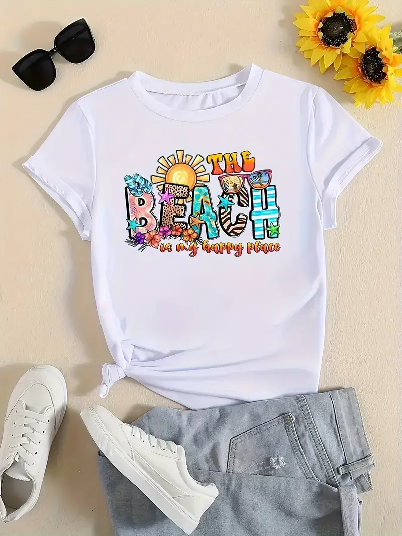 

The Beach Is My Happy Place Printed Short Sleeved Casual Women's Fashion Women's Pattern T-shirt Women's Printed Summer T-shirt