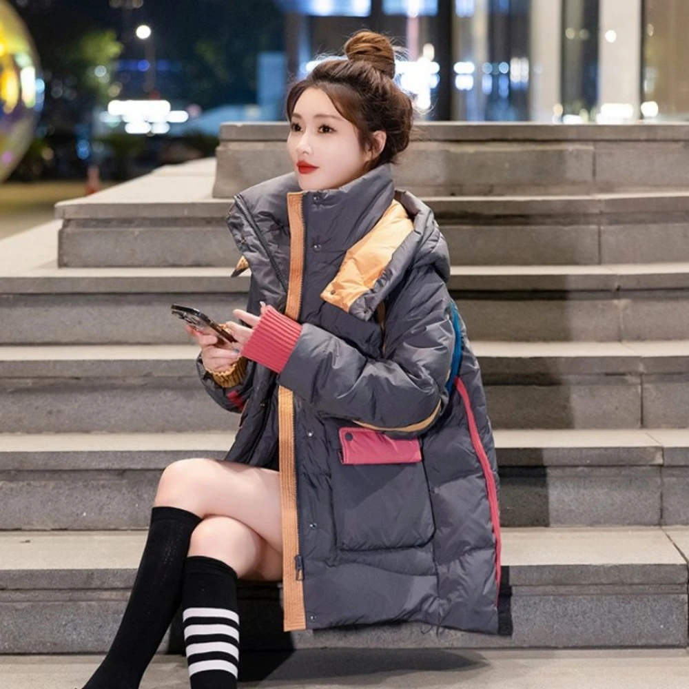 

Patchwork Hooded Full Sleeves Mid-Length Multicolor Design Silk Floss Padded Warm Winter Women Coats 2023 Fashion New Oversized