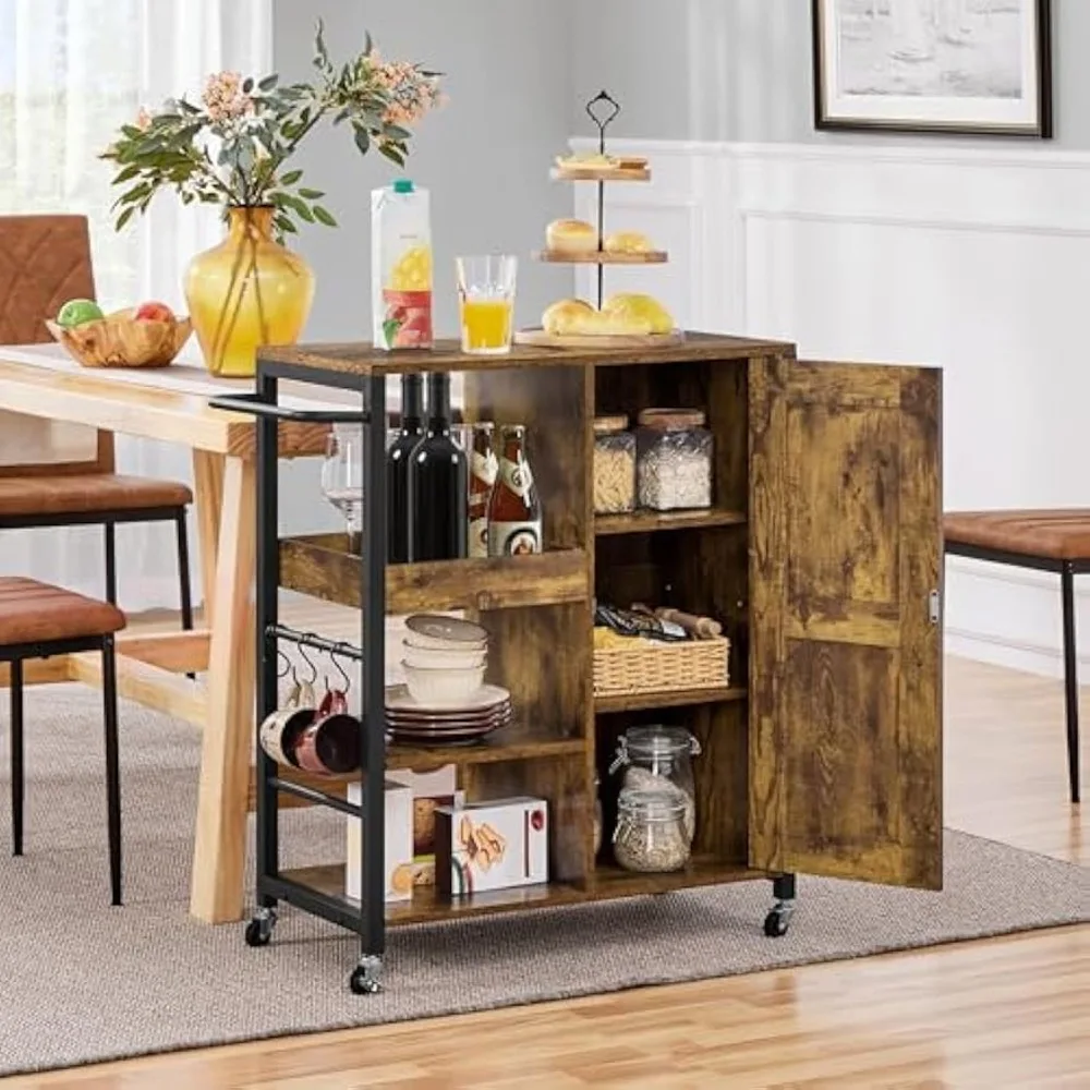 Kitchen Cart with Storage, Rolling Kitchen Island Serving Utility Trolley Cart with Storage Cabinet & Adjustable Shelves